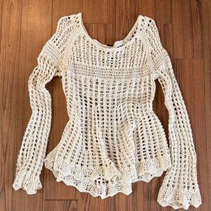 Free People Vintage Cream Crochet Open-Knit Scoop Neck Sweater